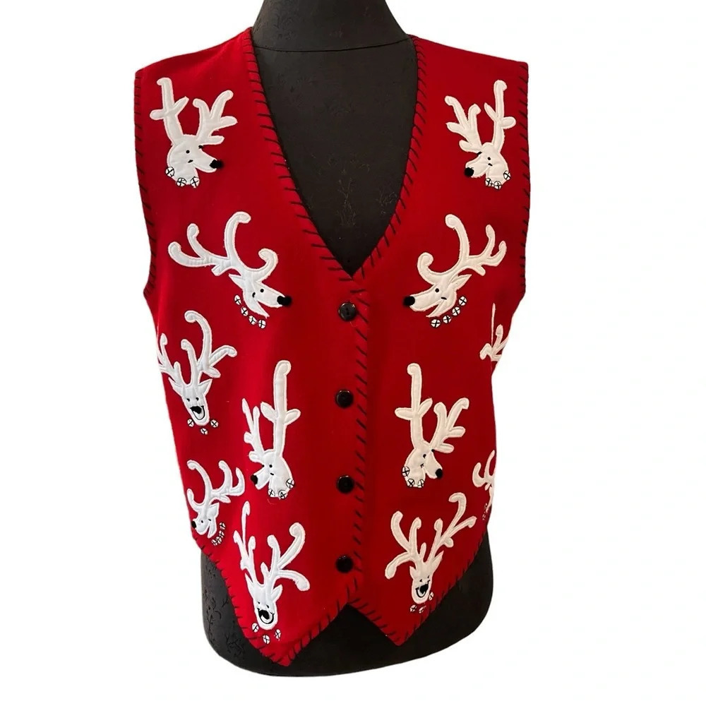 Vintage Dress Barn Red Wool Blend Reindeer Applique Vest Medium
